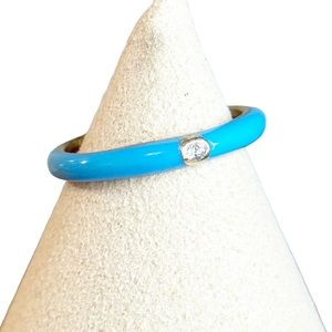 Sterling Silver Gold Vermeil Diamond Blue Enamel Ring Size 6.75
